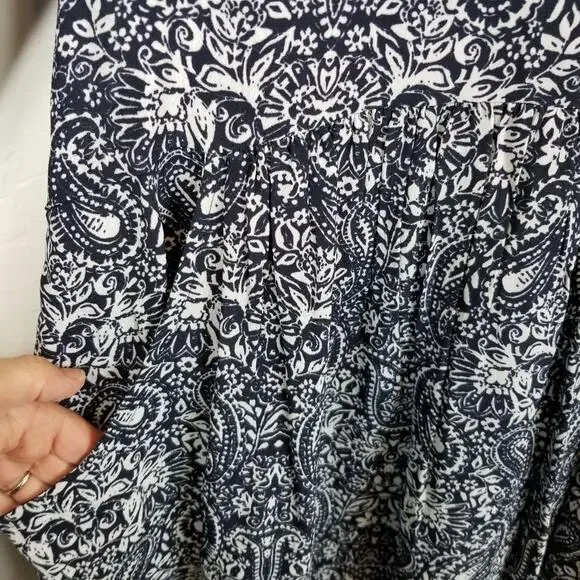 Garnet Hill Navy Blue White Paisley 3/4 Sleeve Dress Size 2